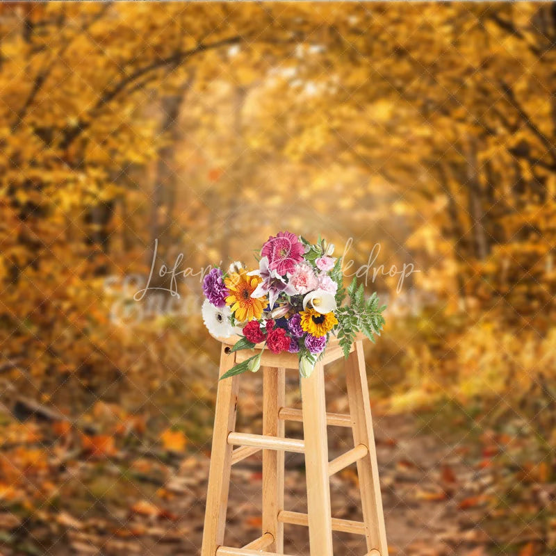 Lofaris Ethereal Golden Autumn Forest Photography Backdrop Sunlit Path with Falling Leaves for Seasonal Portraits