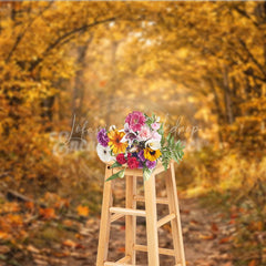 Lofaris Ethereal Golden Autumn Forest Photography Backdrop Sunlit Path with Falling Leaves for Seasonal Portraits