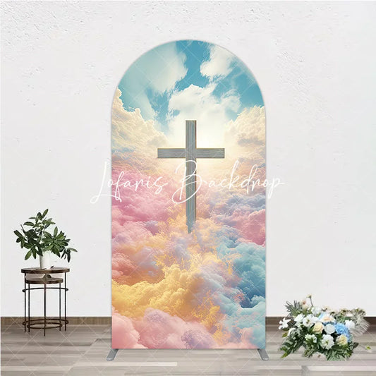 Lofaris Ethereal Pastel Clouds and Divine Cross Round Top Arch Backdrop Heavenly Religious Event Decor