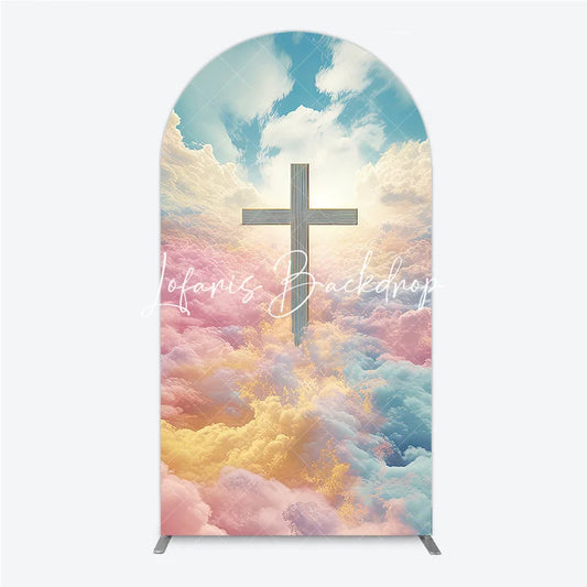 Lofaris Ethereal Pastel Clouds and Divine Cross Round Top Arch Backdrop Heavenly Religious Event Decor