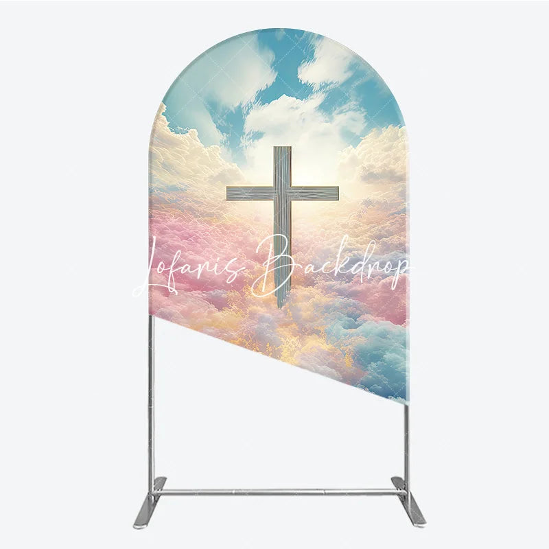 Lofaris Ethereal Pastel Clouds and Divine Cross Round Top Arch Backdrop Heavenly Religious Event Decor