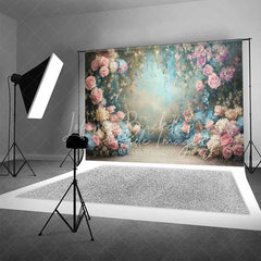 Lofaris Ethereal Pink Roses Blue Hydrangeas Floral Garden Spring Photography Backdrop Wedding Baby Shower