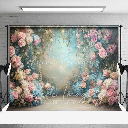 Lofaris Ethereal Pink Roses Blue Hydrangeas Floral Garden Spring Photography Backdrop Wedding Baby Shower