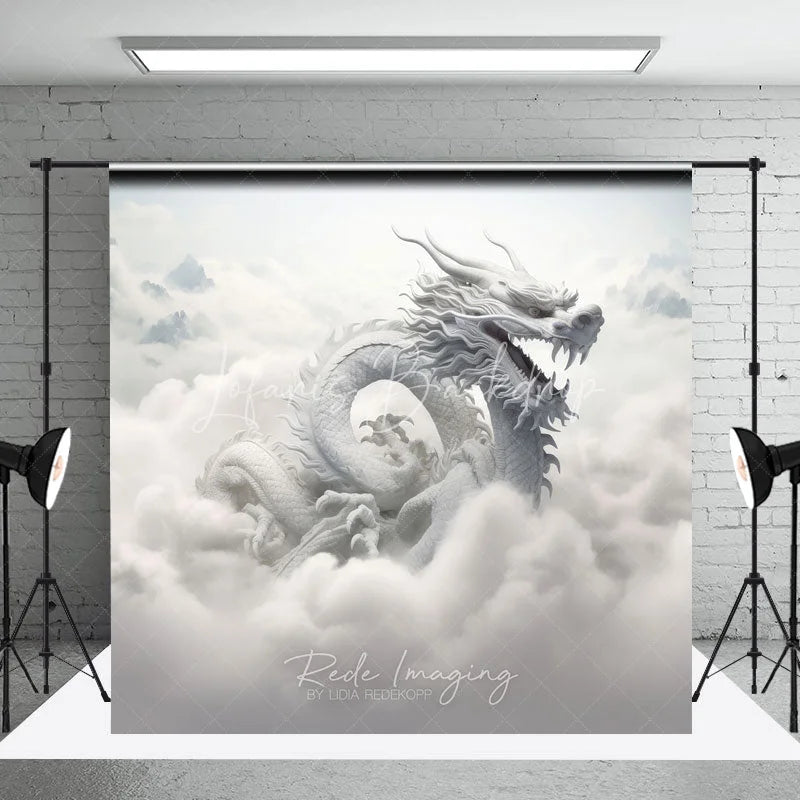 Lofaris Ethereal White Dragon Photography Backdrop Majestic Mythical Creature in Heavenly Clouds and Mountains