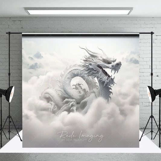 Lofaris Ethereal White Dragon Photography Backdrop Majestic Mythical Creature in Heavenly Clouds and Mountains