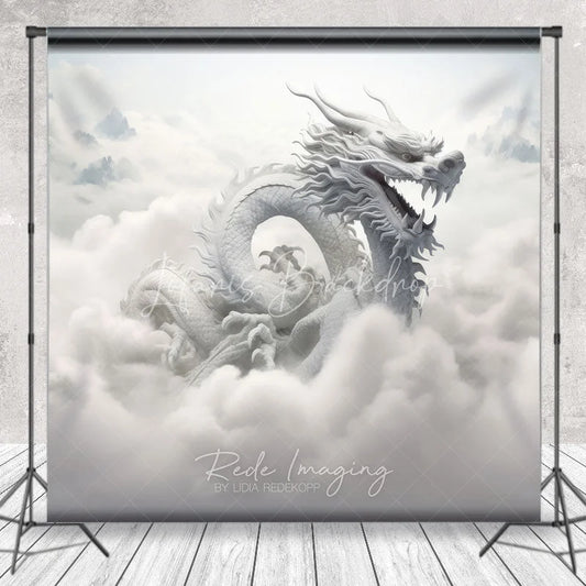 Lofaris Ethereal White Dragon Photography Backdrop Majestic Mythical Creature in Heavenly Clouds and Mountains