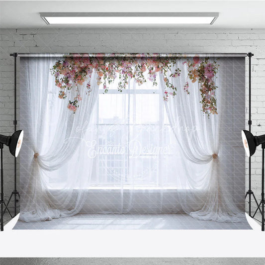 Lofaris Ethereal White Sheer Curtain and Floral Window Photography Backdrop Romantic Wedding Baby Shower Portrait