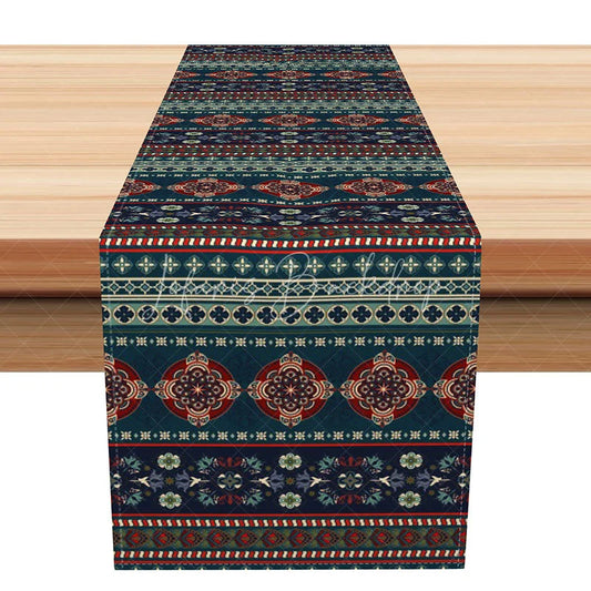 Lofaris Ethnic Geometric Stripe Table Runner Red and Blue Bohemian Pattern Tribal Farmhouse Dining Decor