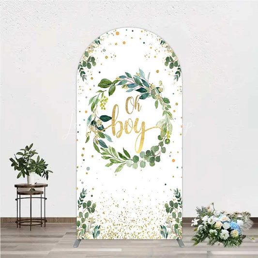 Lofaris Eucalyptus Wreath Oh Boy Arch Backdrop Greenery and Gold Glitter Baby Shower Decoration