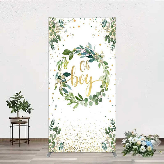 Lofaris Eucalyptus Wreath Oh Boy Rectangle Backdrop Greenery and Gold Glitter Baby Shower Decoration
