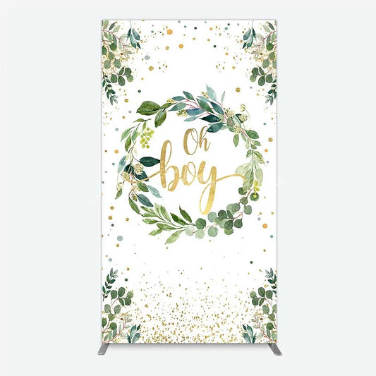 Lofaris Eucalyptus Wreath Oh Boy Rectangle Backdrop Greenery and Gold Glitter Baby Shower Decoration