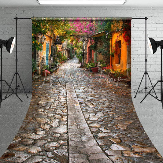 Lofaris European Old Town Cobblestone Street Backdrop Spring Floral Vintage Village Alley Photography Background