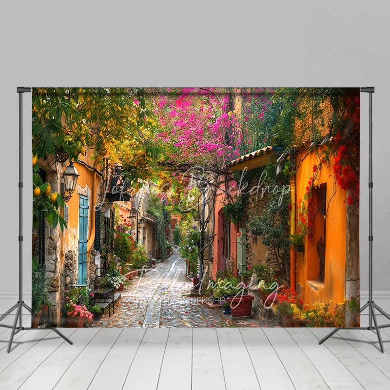 Lofaris European Town Street Backdrop Colorful Stone Houses and Pink Floral Bougainvillea Photography Background for Travel