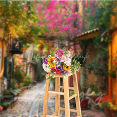 Lofaris European Town Street Backdrop Colorful Stone Houses and Pink Floral Bougainvillea Photography Background for Travel