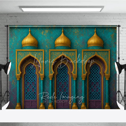 Lofaris Exotic Moroccan Architecture Photography Backdrop with Ornate Arches Golden Domes and Teal Accents