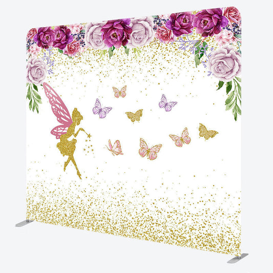 Lofaris Fairy Floral Glitter Birthday Square Tension Backdrop