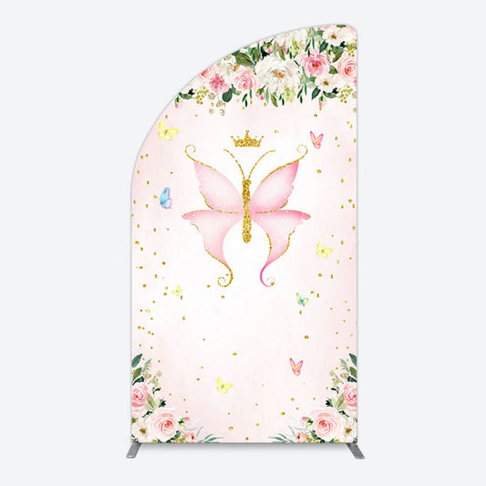 Lofaris Fairy Floral Pink Butterfly Birthday Half Moon Arch Backdrop