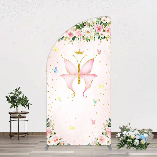 Lofaris Fairy Floral Pink Butterfly Birthday Half Moon Arch Backdrop