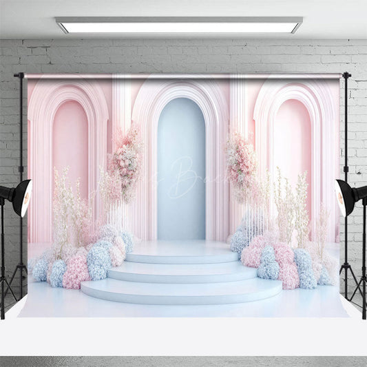 Lofaris Fairy Pink Blue Arch Floral Wedding Photo Backdrop
