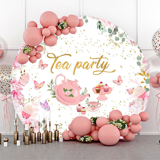 Lofaris Fairy Pink Floral Leaves Round Tea Party Backdrop