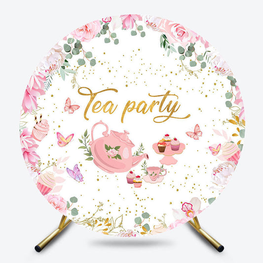 Lofaris Fairy Pink Floral Leaves Round Tea Party Backdrop