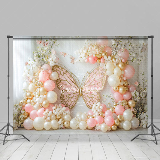 Lofaris Fairy Pink Yellow Balloon Butterfly Cake Smash Backdrop
