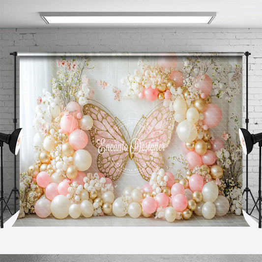 Lofaris Fairy Pink Yellow Balloon Butterfly Cake Smash Backdrop