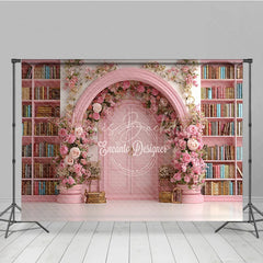 Lofaris Fairy Tale Library Backdrop Pink Bookshelf Arch Door Rose Floral Wedding Photography Background Props