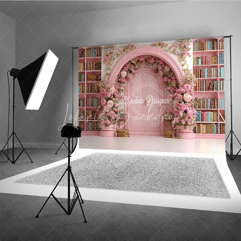Lofaris Fairy Tale Library Backdrop Pink Bookshelf Arch Door Rose Floral Wedding Photography Background Props
