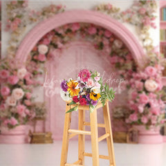 Lofaris Fairy Tale Library Backdrop Pink Bookshelf Arch Door Rose Floral Wedding Photography Background Props