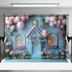 Lofaris Fairytale Blue House Photography Backdrop Pink Floral Cottage with Balloons Whimsical Birthday Photo Background