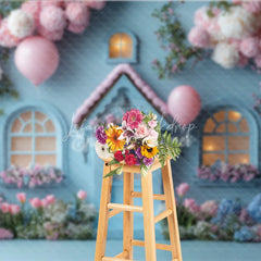 Lofaris Fairytale Blue House Photography Backdrop Pink Floral Cottage with Balloons Whimsical Birthday Photo Background
