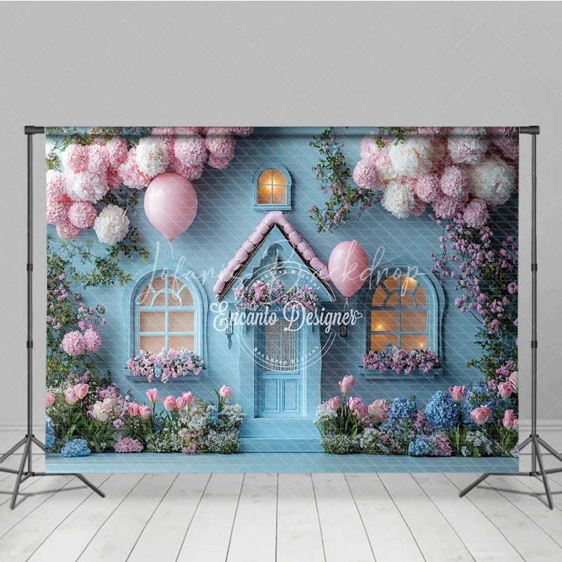 Lofaris Fairytale Blue House Photography Backdrop Pink Floral Cottage with Balloons Whimsical Birthday Photo Background