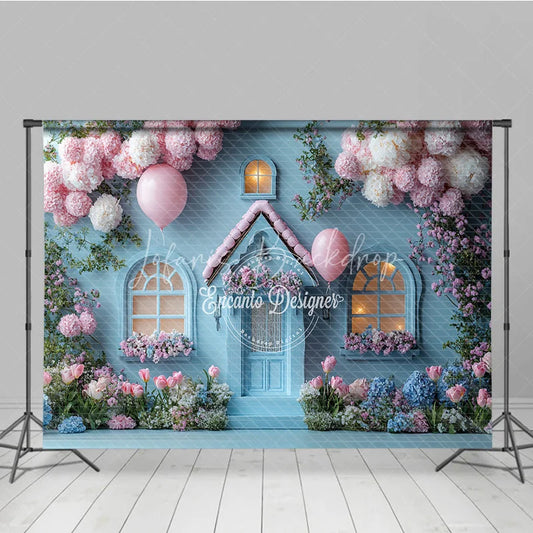 Lofaris Fairytale Blue House Photography Backdrop Pink Floral Cottage with Balloons Whimsical Birthday Photo Background