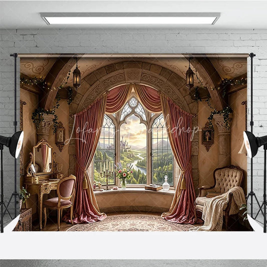 Lofaris Fairytale Castle View Photography Backdrop with Arched Window Elegant Pink Curtains and Ornate Room Decor