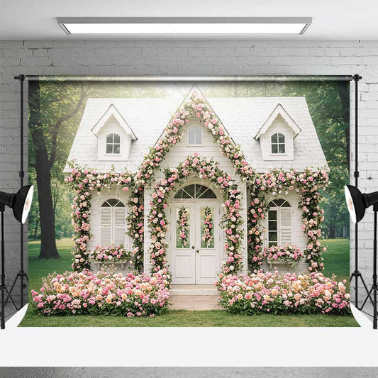 Lofaris Fairytale Cottage House Photography Backdrop White Home Covered in Pink Roses Enchanted Garden Wedding Photo Prop