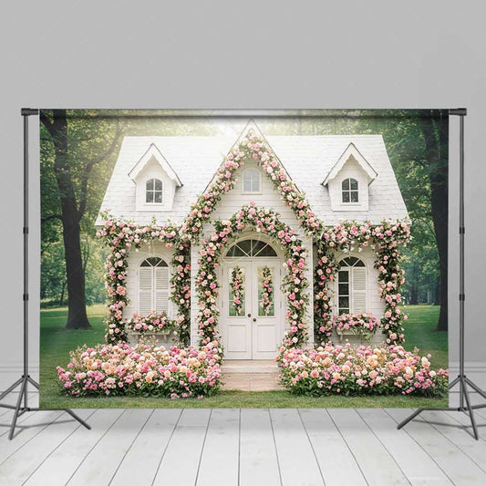 Lofaris Fairytale Cottage House Photography Backdrop White Home Covered in Pink Roses Enchanted Garden Wedding Photo Prop