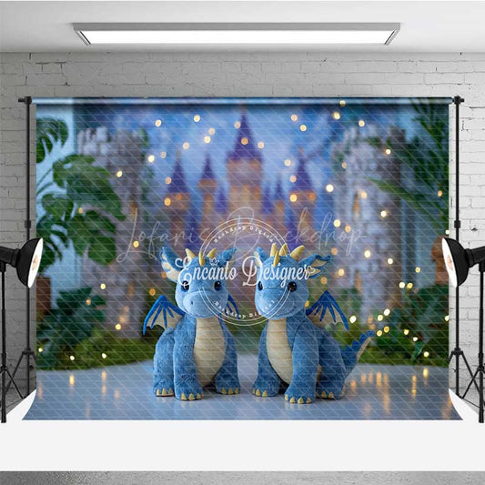 Lofaris Fairytale Dragons Cake Smash Photography Backdrop Cute Blue in Front of a Castle Magical Birthday Prop