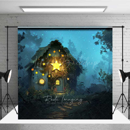 Lofaris Fairytale Forest Cabin Photography Backdrop Whimsical Cottage with Glowing Stars Enchanted Woods at Night Prop