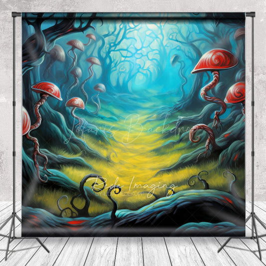 Lofaris Fairytale Mushroom Forest Photography Backdrop Whimsical Red Fungi and Twisted Trees Enchanted Woods Scenery