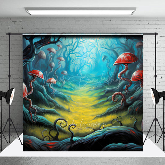 Lofaris Fairytale Mushroom Forest Photography Backdrop Whimsical Red Fungi and Twisted Trees Enchanted Woods Scenery