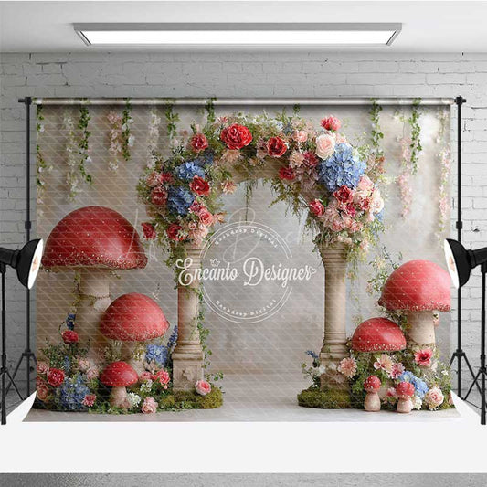 Lofaris Fairytale Mushroom Wedding Arch Backdrop Enchanted Forest with Flowers Whimsical Garden Ceremony Photo Prop