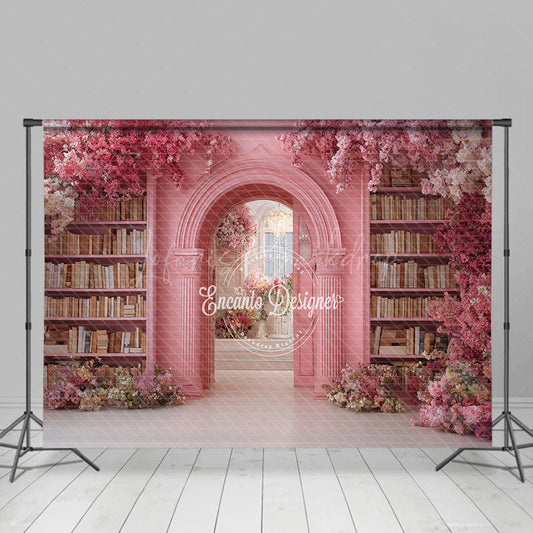 Lofaris Fairytale Pink Library Photography Backdrop with Floral Archway Bookshelves Romantic Wedding Photo Background