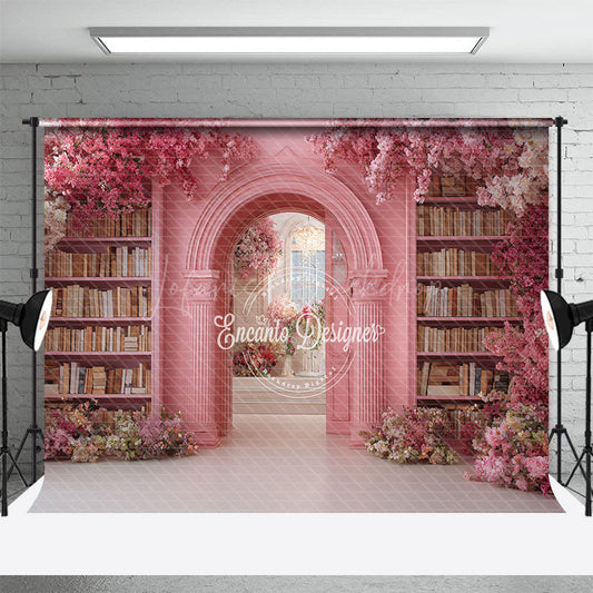Lofaris Fairytale Pink Library Photography Backdrop with Floral Archway Bookshelves Romantic Wedding Photo Background
