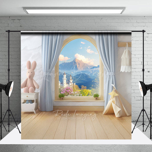 Lofaris Fairytale Window Cake Smash Backdrop Kids Room with Castle View and Bunny Whimsical First Birthday Photo Prop