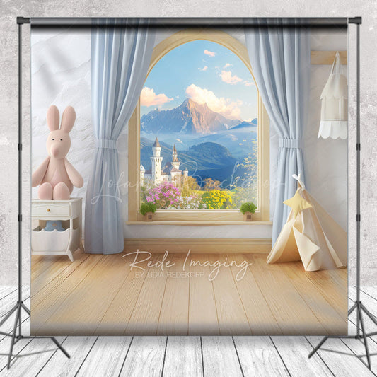 Lofaris Fairytale Window Cake Smash Backdrop Kids Room with Castle View and Bunny Whimsical First Birthday Photo Prop
