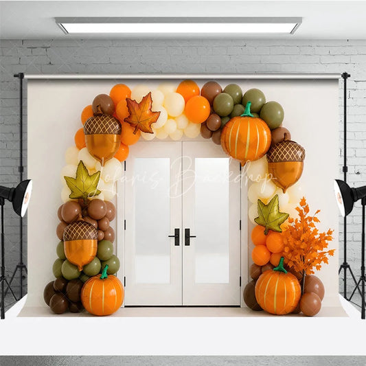 Lofaris Fall Balloon Arch Photography Backdrop White Door with Pumpkin and Acorn Balloons Modern Autumn Party Decor