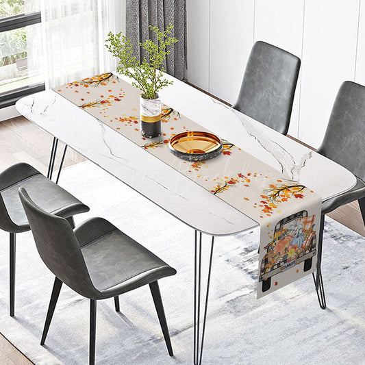 Lofaris Fall Harvest Pumpkin Truck Table Runner Vintage Red with Autumn Leaves Rustic Thanksgiving Kitchen Decor