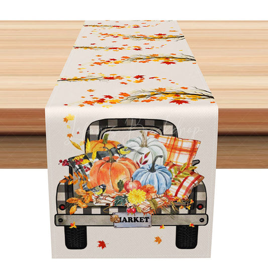 Lofaris Fall Harvest Pumpkin Truck Table Runner Vintage Red with Autumn Leaves Rustic Thanksgiving Kitchen Decor