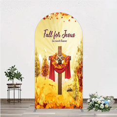 Lofaris Fall for Jesus Arch Backdrop Christian Autumn Festival Cross with Pumpkins He Never Leaves Harvest Decor